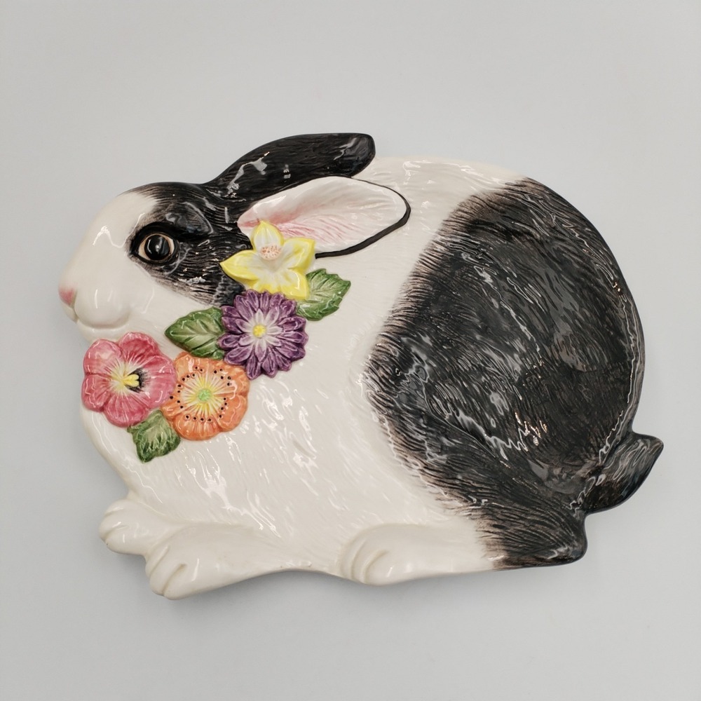Fitz & Floyd Omnibus Bunny Plate Vintage 1995‎ Easter Rabbit Floral Ceramic Dish